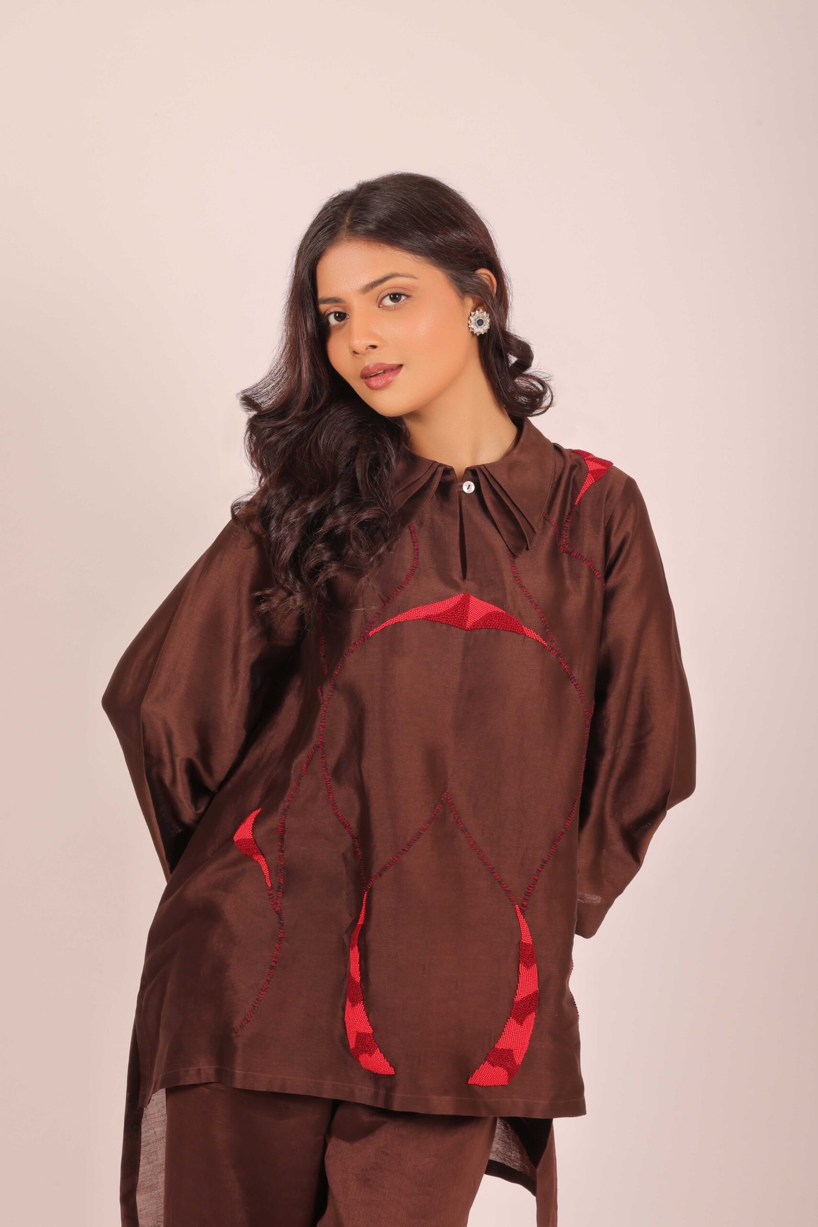 Elevate your wardrobe with our Chocolate Espresso Embroidered Silk Tunic Set.
