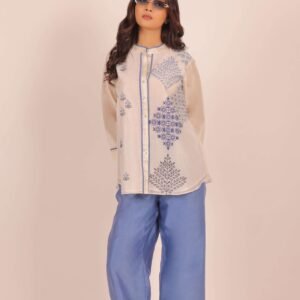 Ivory & Blue Festive Co-ord Set with Geometric Embroidery