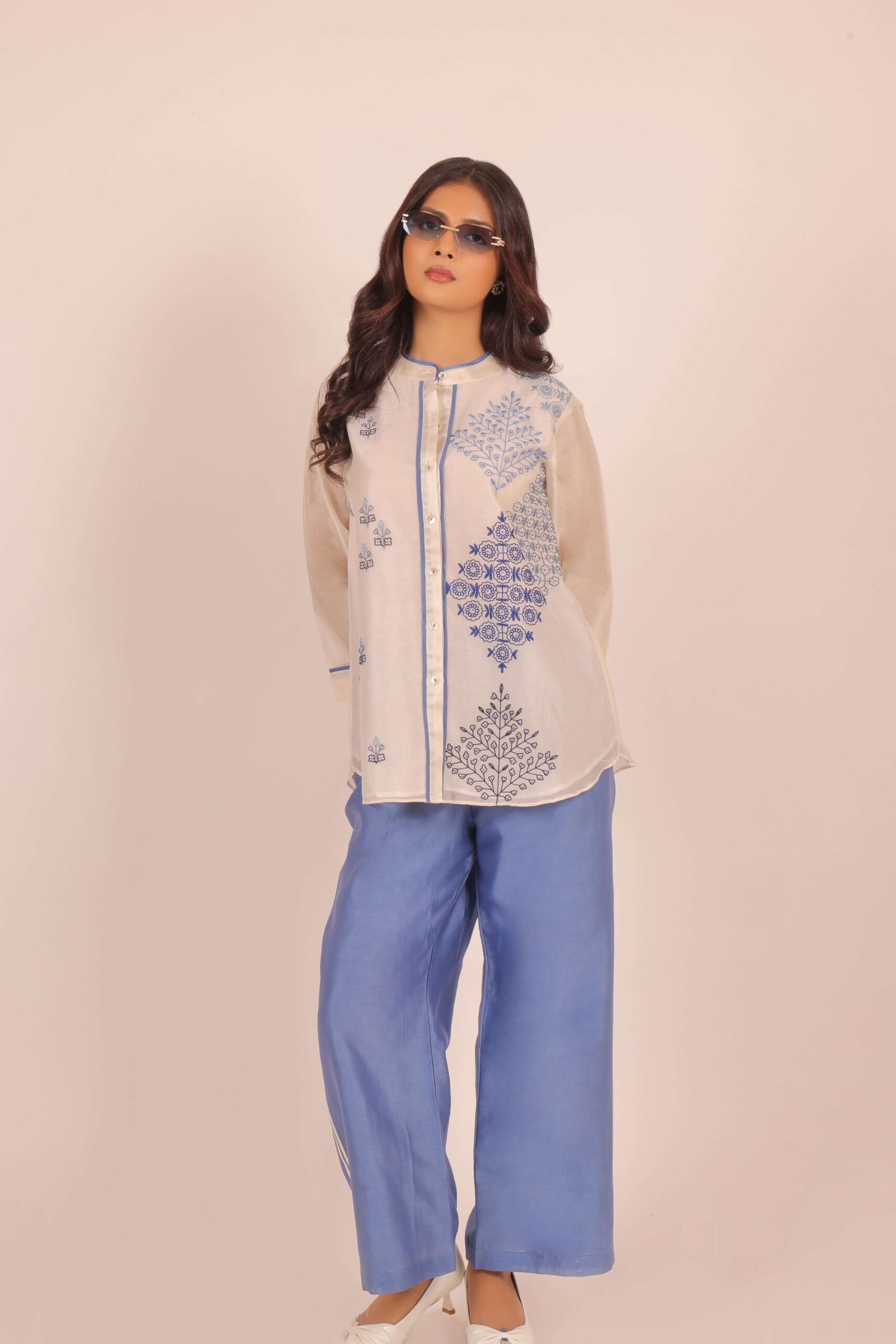 Ivory & Blue Festive Co-ord Set with Geometric Embroidery
