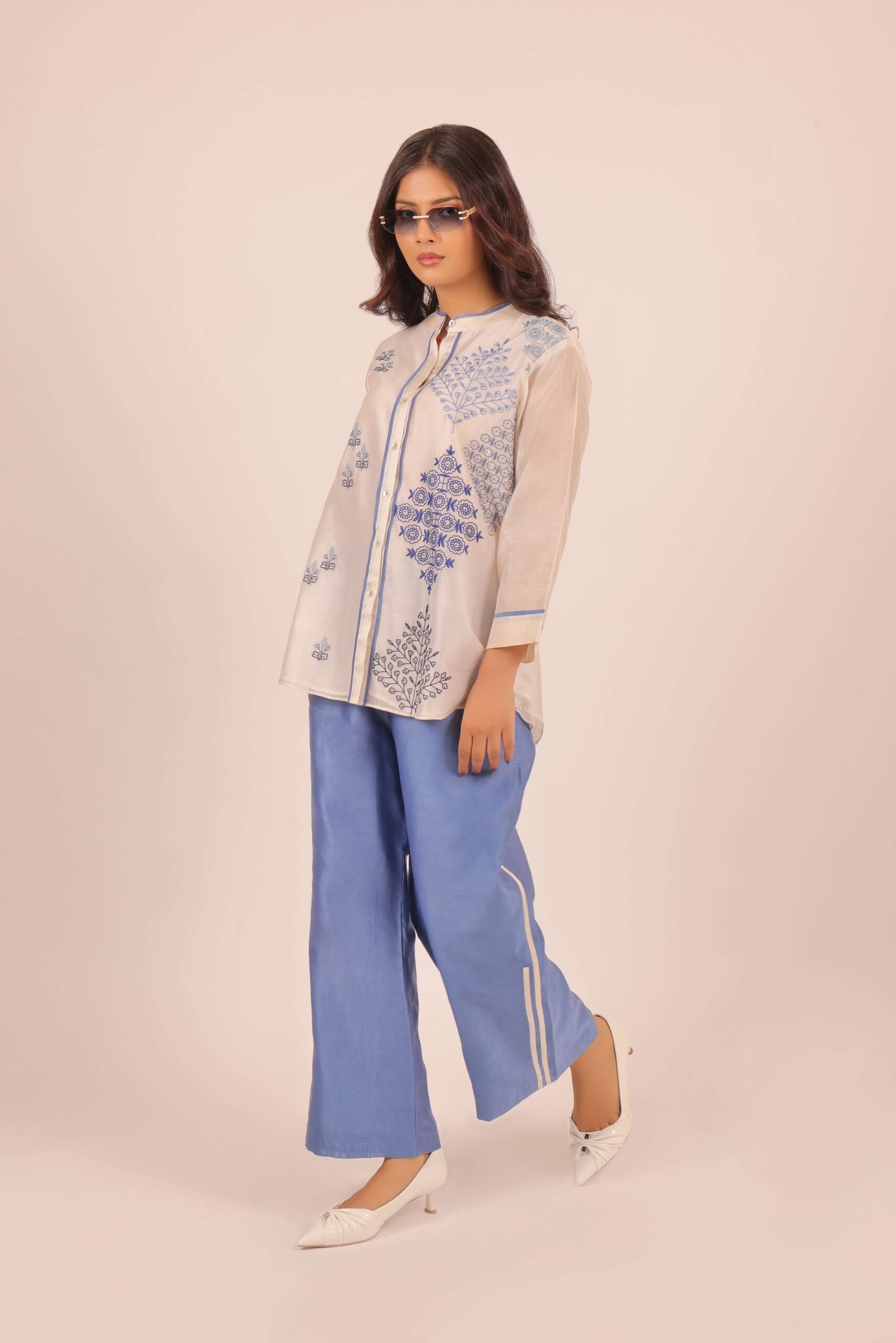 Ivory & Blue Festive Co-ord Set with Geometric Embroidery - Image 2