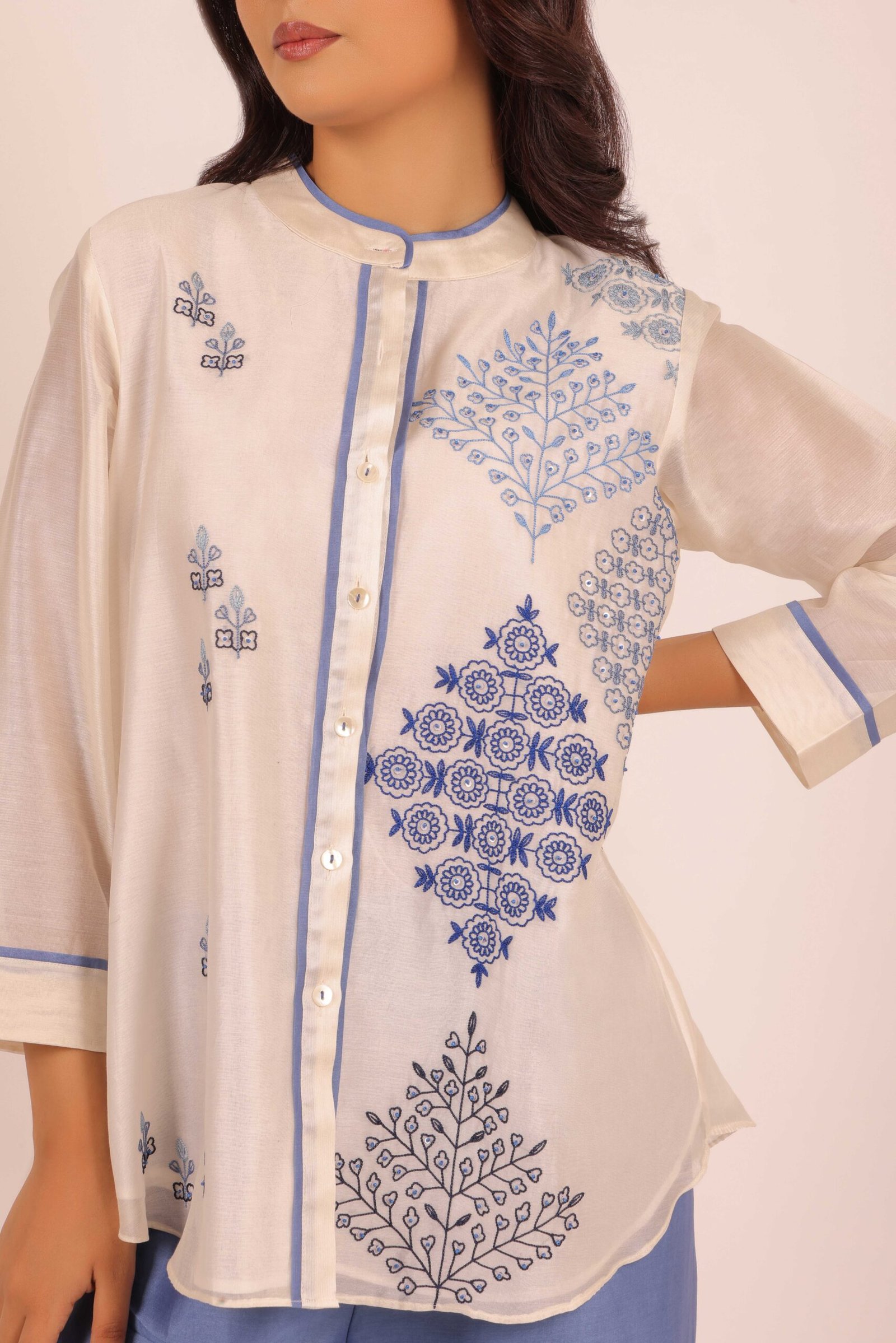 Ivory & Blue Festive Co-ord Set with Geometric Embroidery - Image 4