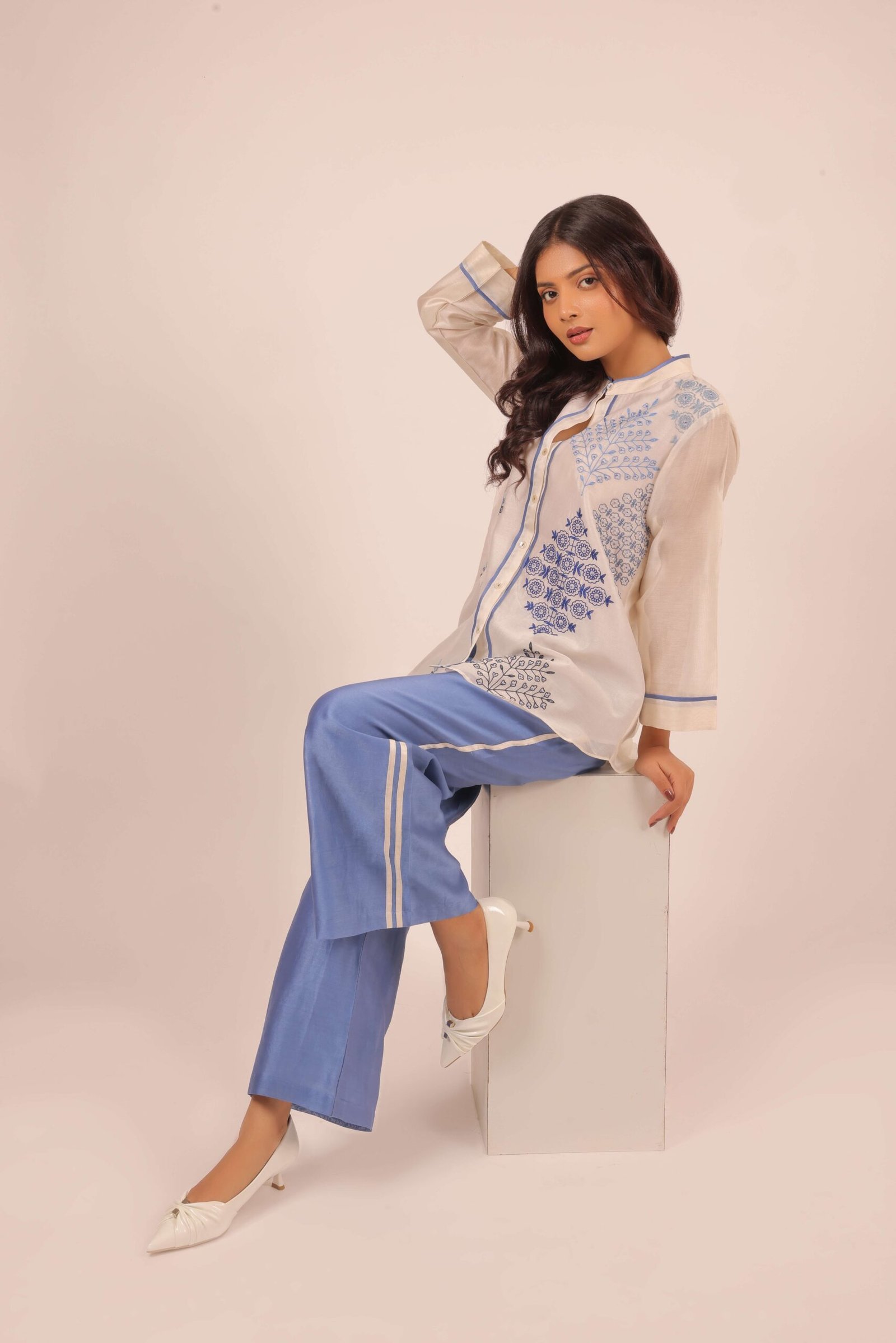 Ivory & Blue Festive Co-ord Set with Geometric Embroidery - Image 3
