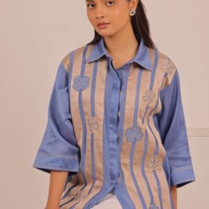 Azure Stripe Floral Embroidered Shirt