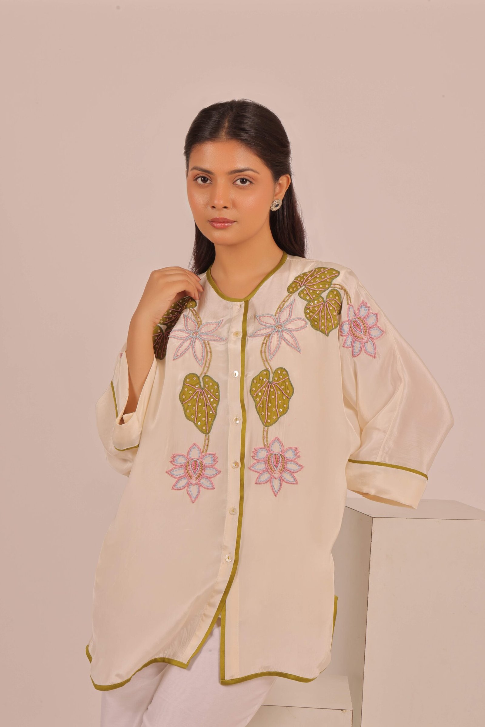 Ivory Lotus Embroidered Shirt