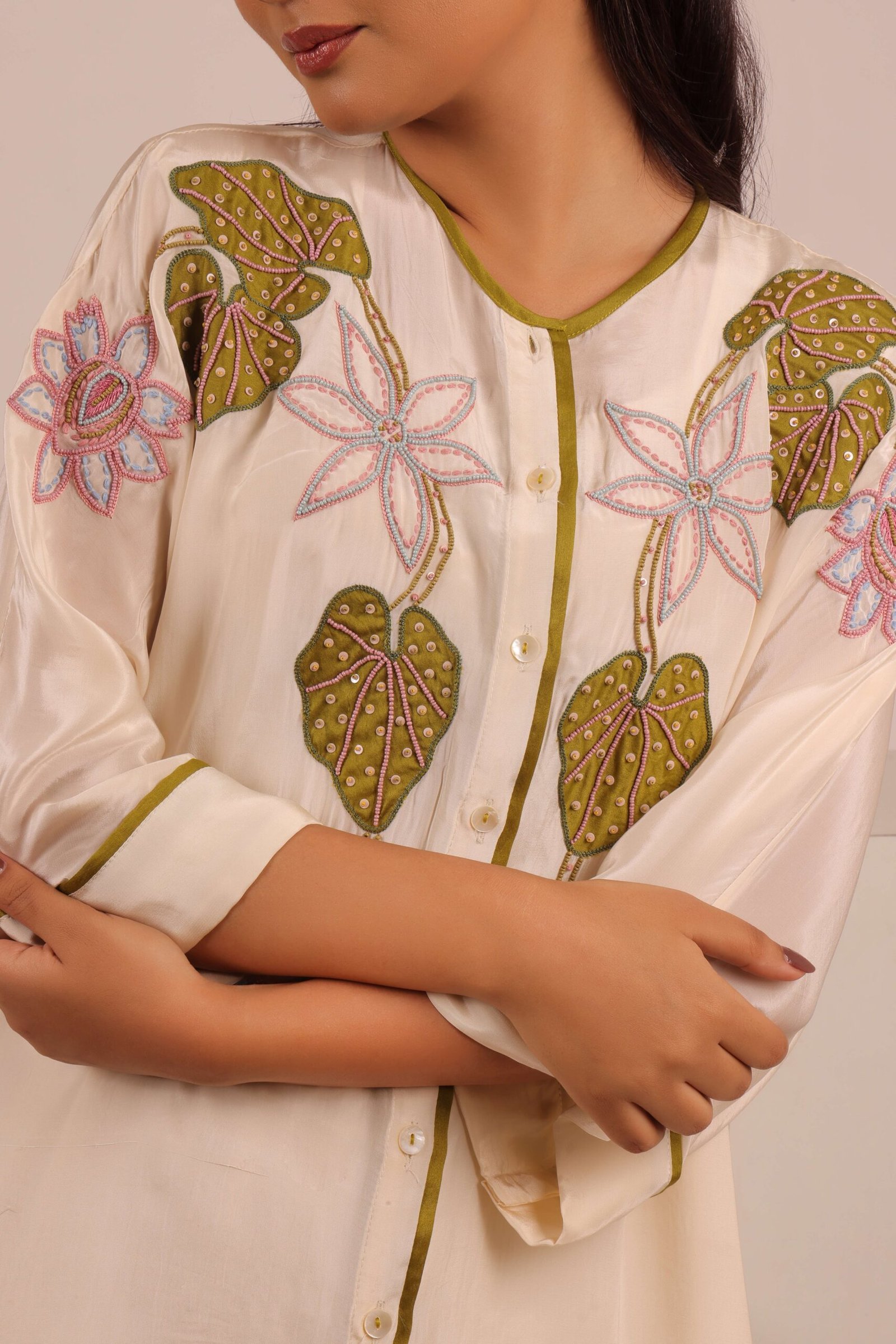 Ivory Lotus Embroidered Shirt - Image 3