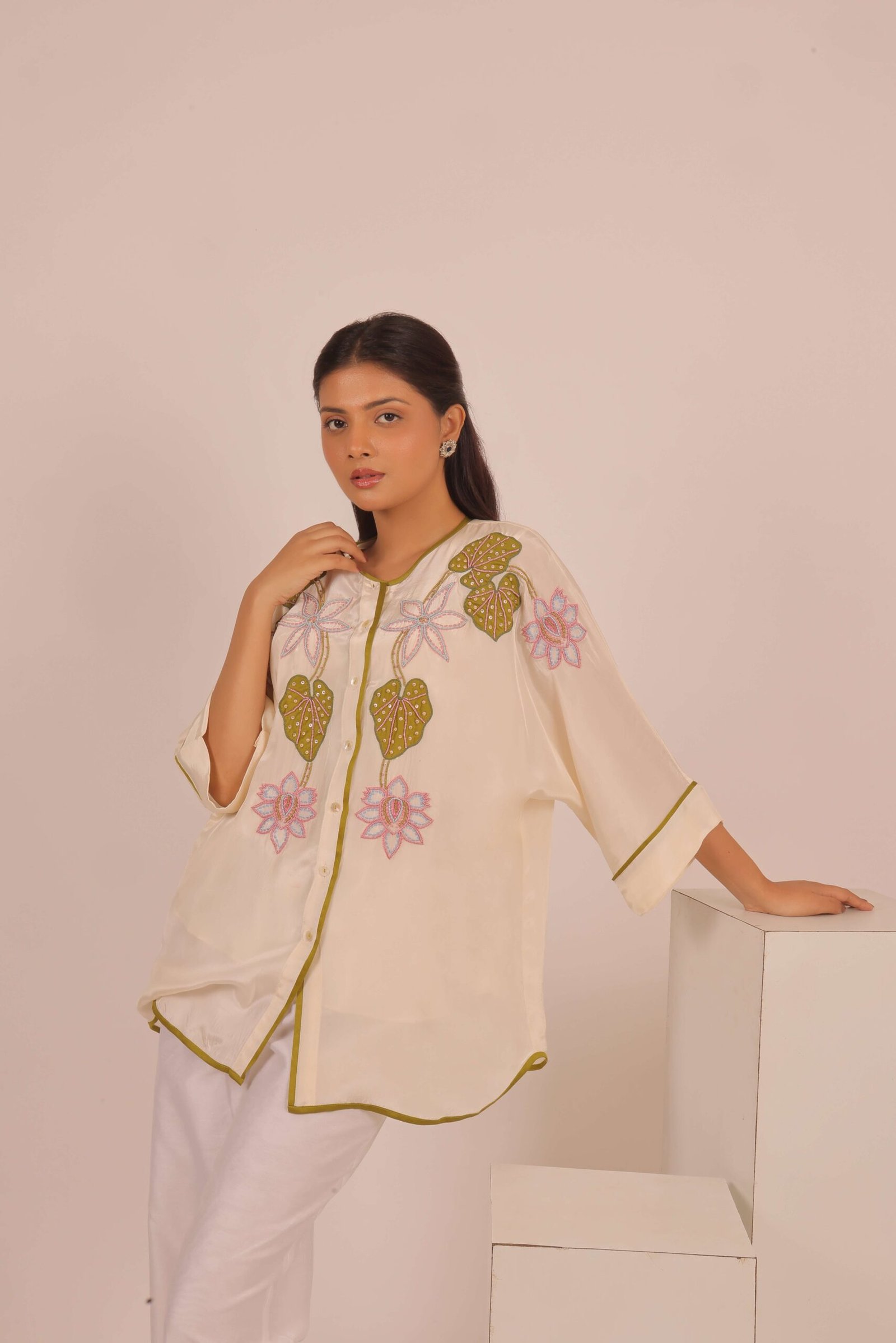 Ivory Lotus Embroidered Shirt - Image 2