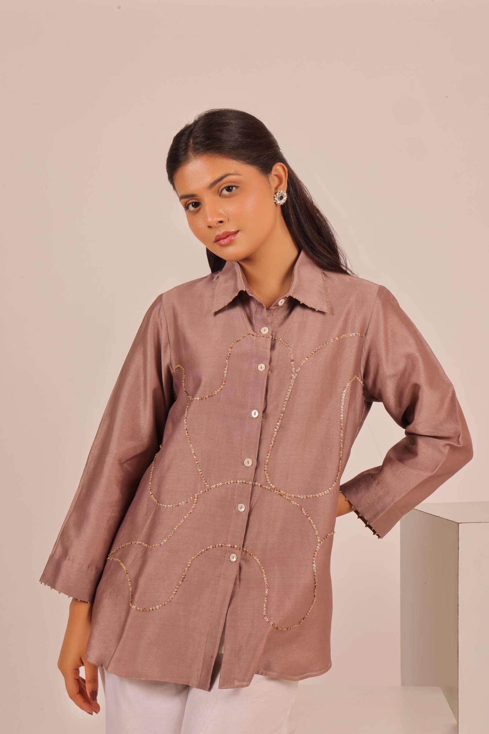 Mauve Abstract Sequin Embroidered Shirt